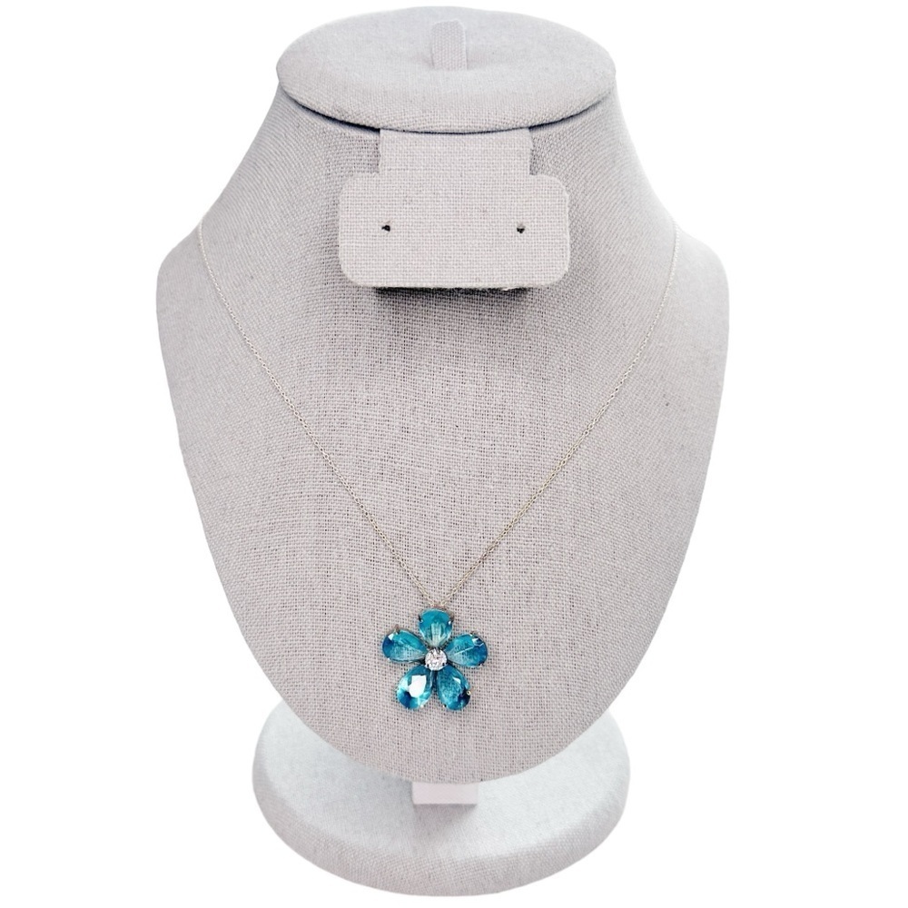 Italy 925 Sterling Silver Blue Topaz CZ Plumeria Flower Necklace 18”